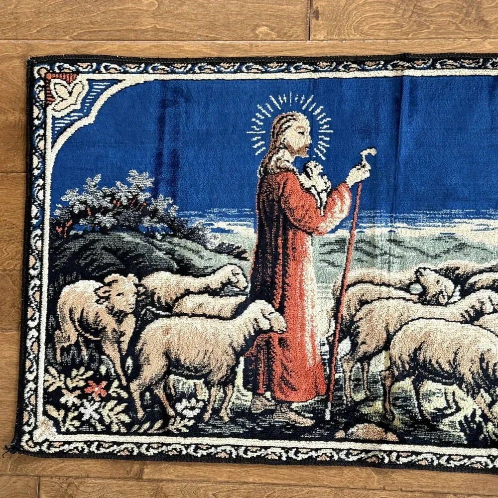 Vintage Italian Good Shepherd Woven Tapestry Wall Hanging Jesus Lambs 20x38
